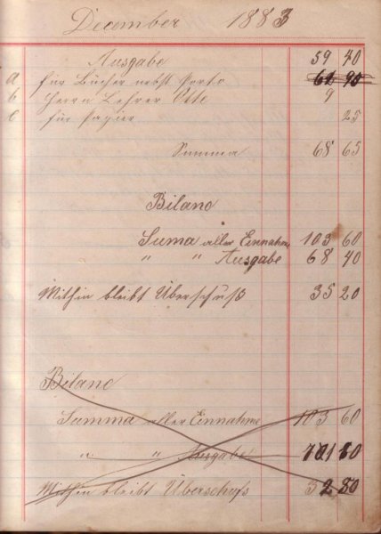 Erste Jahresabrechnung von 1883